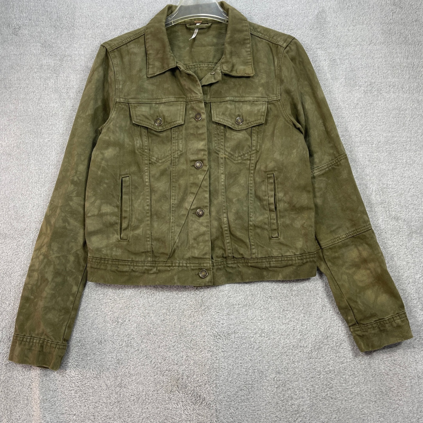 Free People Jacket Women Medium Green Denim Trucker Acid Wash 100% Cotton